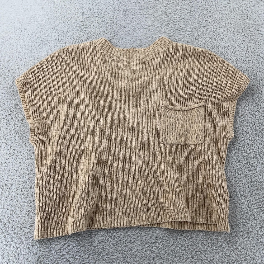 Free People FP Beach Cropped Sweater Womens Large Boxy Beige Rib Knit Pocket